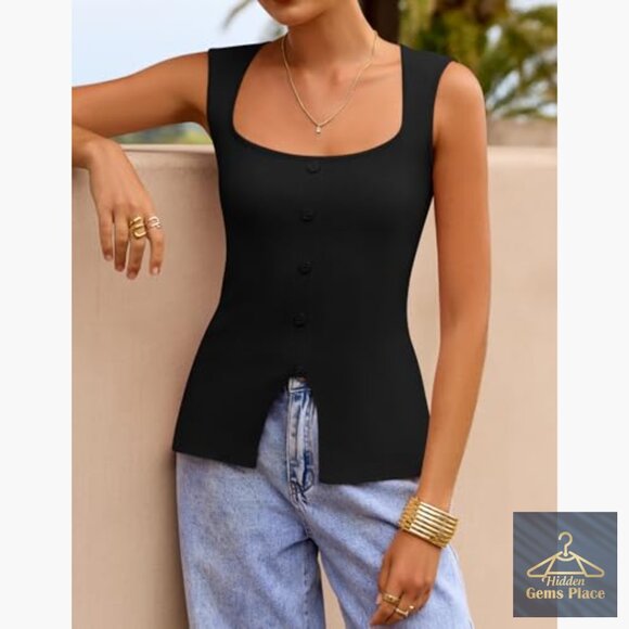 Sleeveless Square Neck Ribbed Knit Sweater Vest Slim Fit Tank Top - Picture 6 of 7